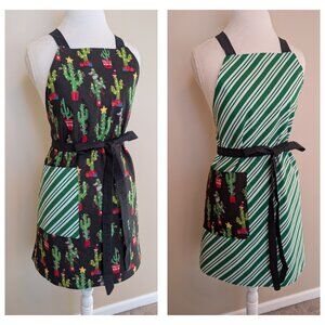 NWT Handmade Reversible Apron - Christmas cactus and stripes - One Size - OOAK